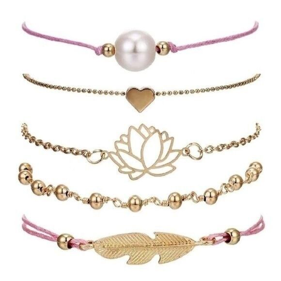 Lotus Flower Boho Beaded Charm Bracelets Set of Five - Picture 5 of 6